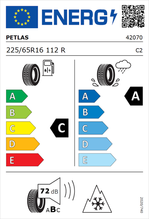 Tyre Label for Petlas Full Grip PT925 225/65R16 112R