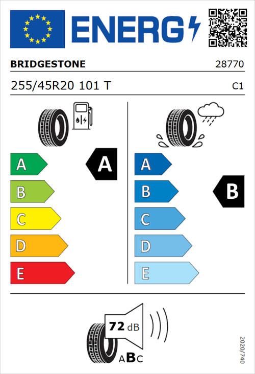 Tyre Label for Bridgestone Turanza Eco 255/45R20 101T